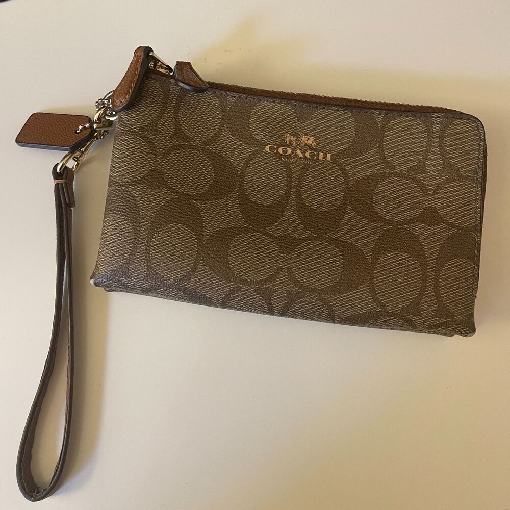 Coach Double Zip Wristlet Signature Khaki Brown Coated Canvas Leather Y2k